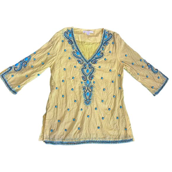Boston Proper Women's Lightweight Turquoise Baubles Tunic top Yellow Size Medium - Picture 1 of 14